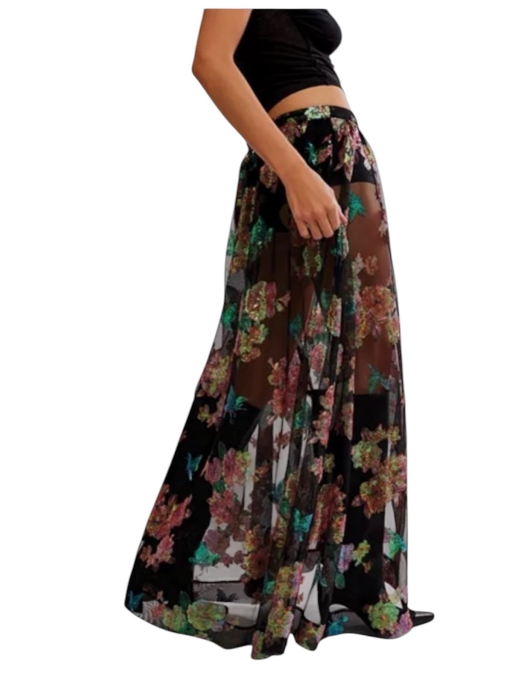 Free People Fioritura Sequin Floral Sheer Maxi Skirt Black Multi Size 4 NWT - Picture 4 of 8